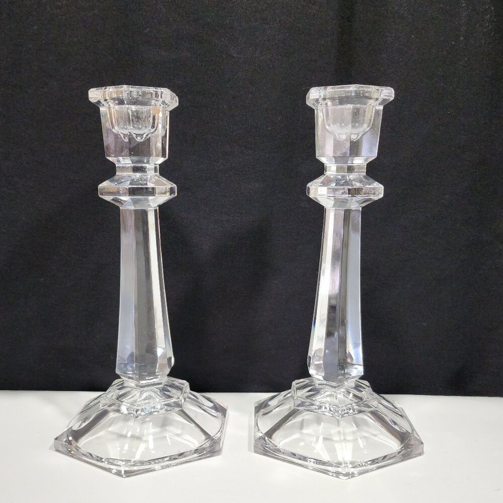 Vintage Clear Tall Crystal Taper Candle Holder Set of 2